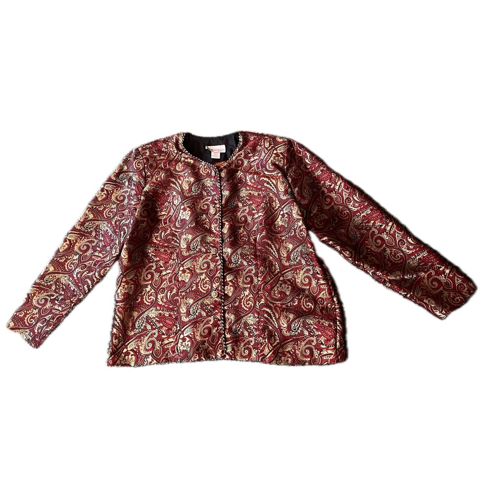 Paisley Brocade Jacket Burgundy Gold Metallic Blazer Sz 14/16 Art Deco Mod Fall